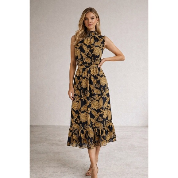 J. Crew Dresses & Skirts - J. Crew Blue Midi Dress with Gold Floral Motif